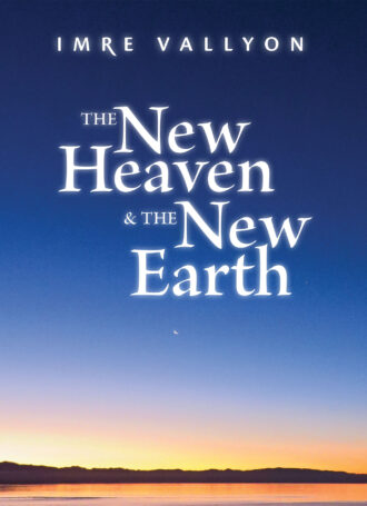 Book Cover The New Heaven and the New Earth. Land silhouetted behind orange ocean reflecting sunset merging in to dark blue sky with crescent moon